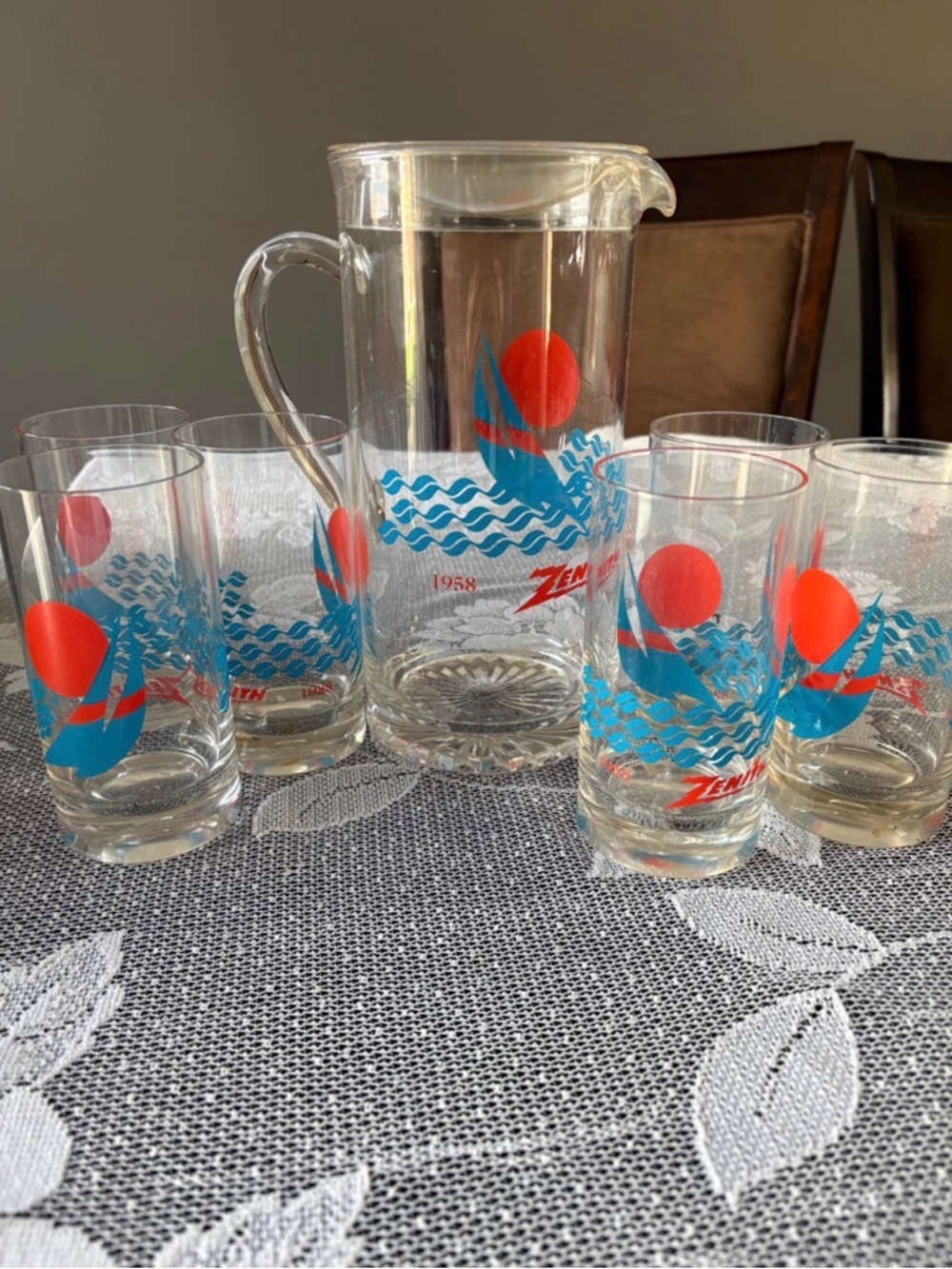 Zenith Plastic Pitcher and Tumbler Set in Blue and Red Nautical Motif - Picture 2 of 5